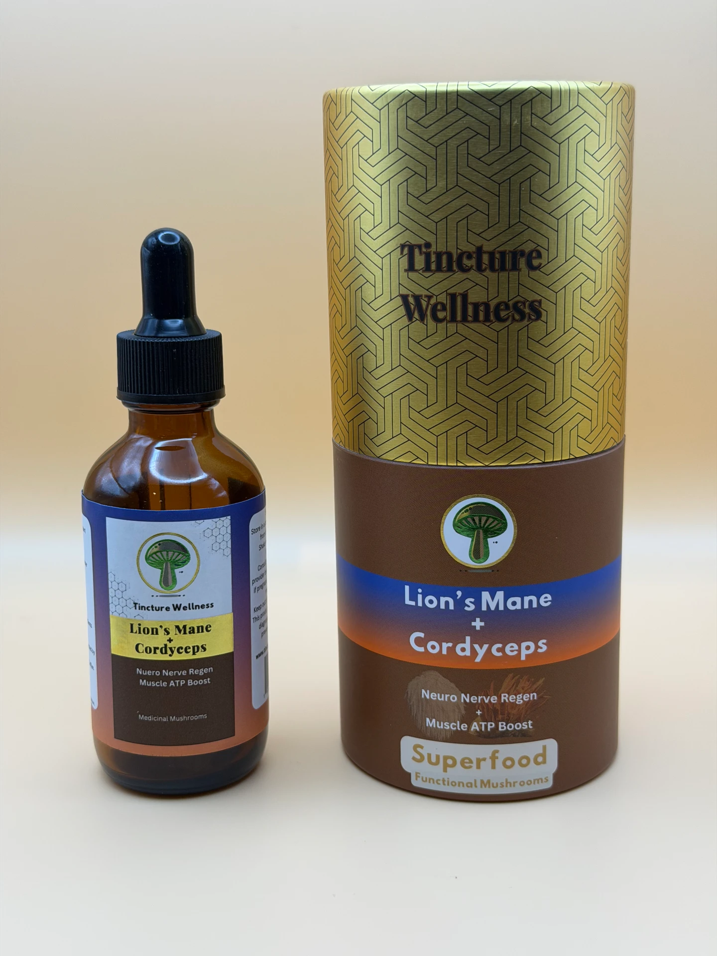 Lion's Mane + Cordyceps mushroom tincture bottle, 2 fl oz