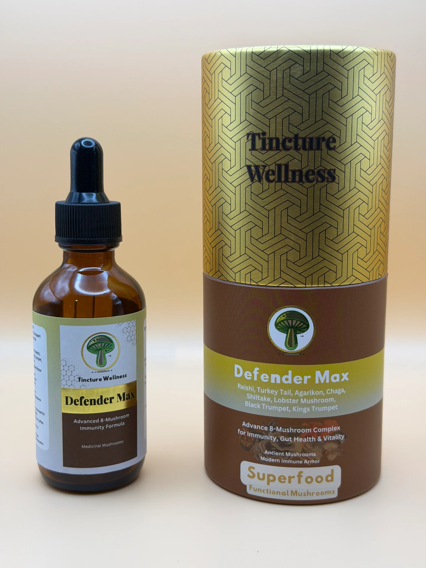 Defender Max mushroom tincture bottle, 2 fl oz